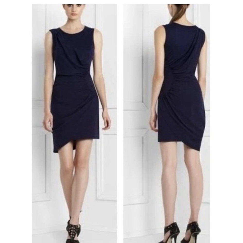BCBGMAXAZRIA Navy Blue Draped Ruched Asymmetrical Mini Cocktail Dress Sz 10